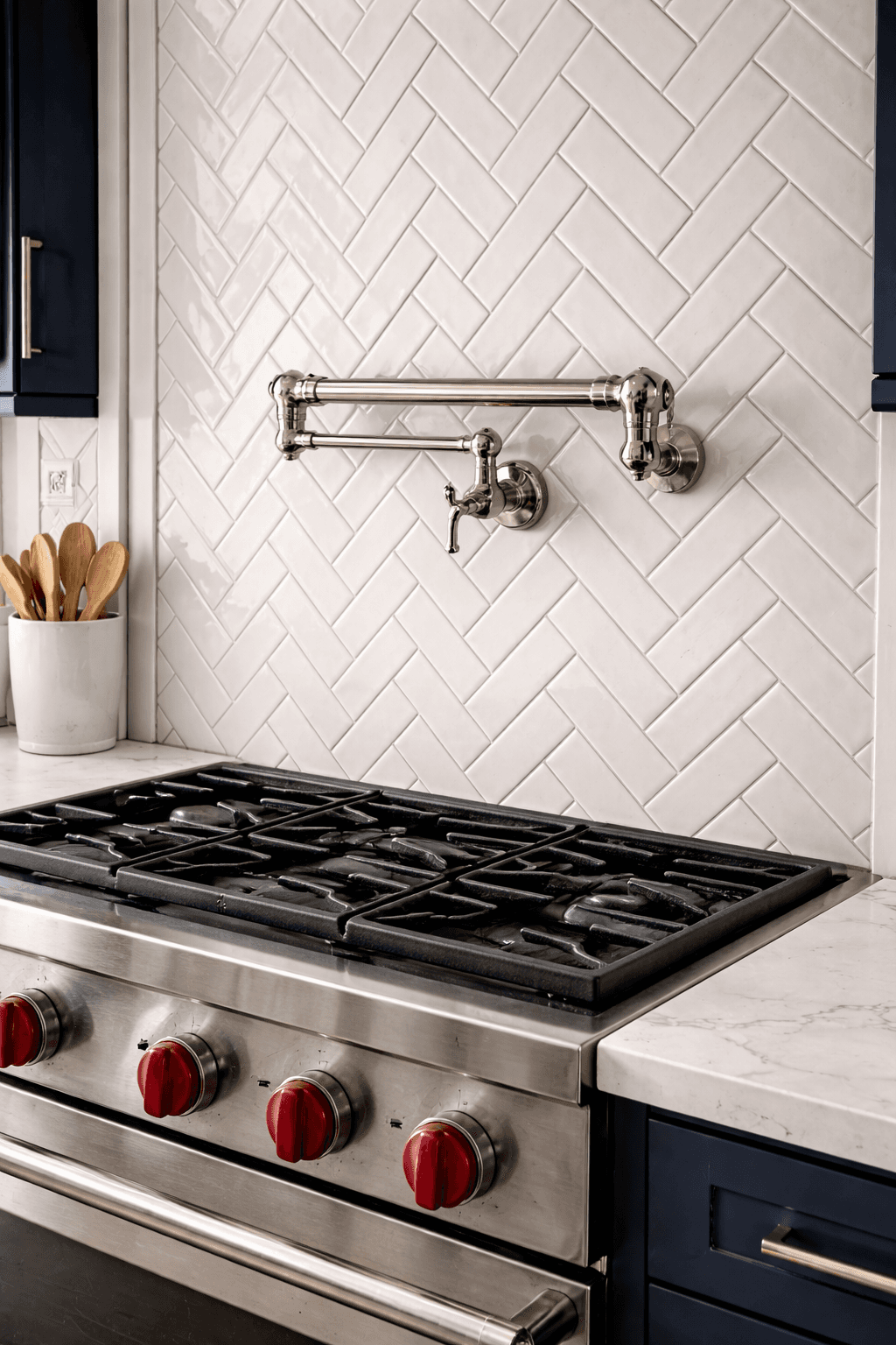 White herringbone backsplash with navy cabinets design visualization.