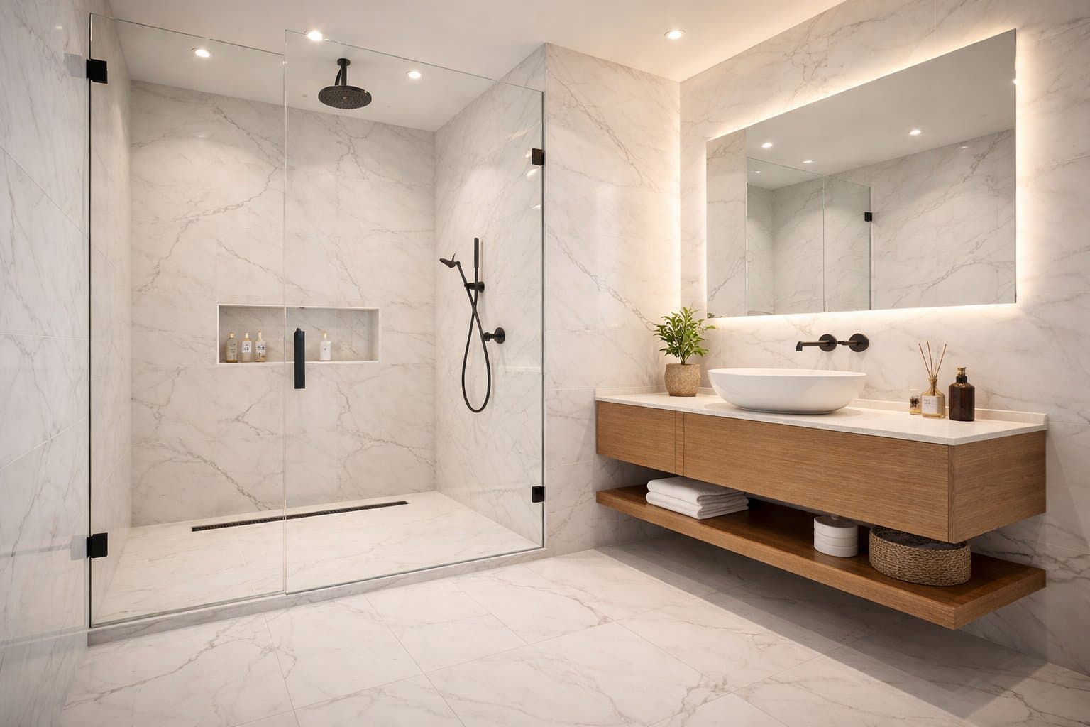 Marble walk-in shower and floating vanity design visualization.