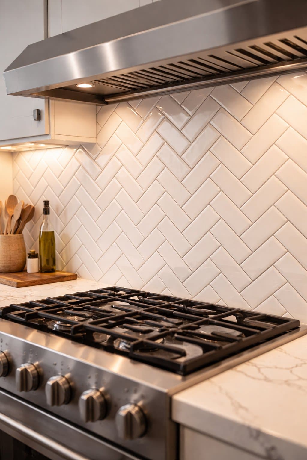 White herringbone kitchen backsplash with crisp grout lines and bright cabinetry.