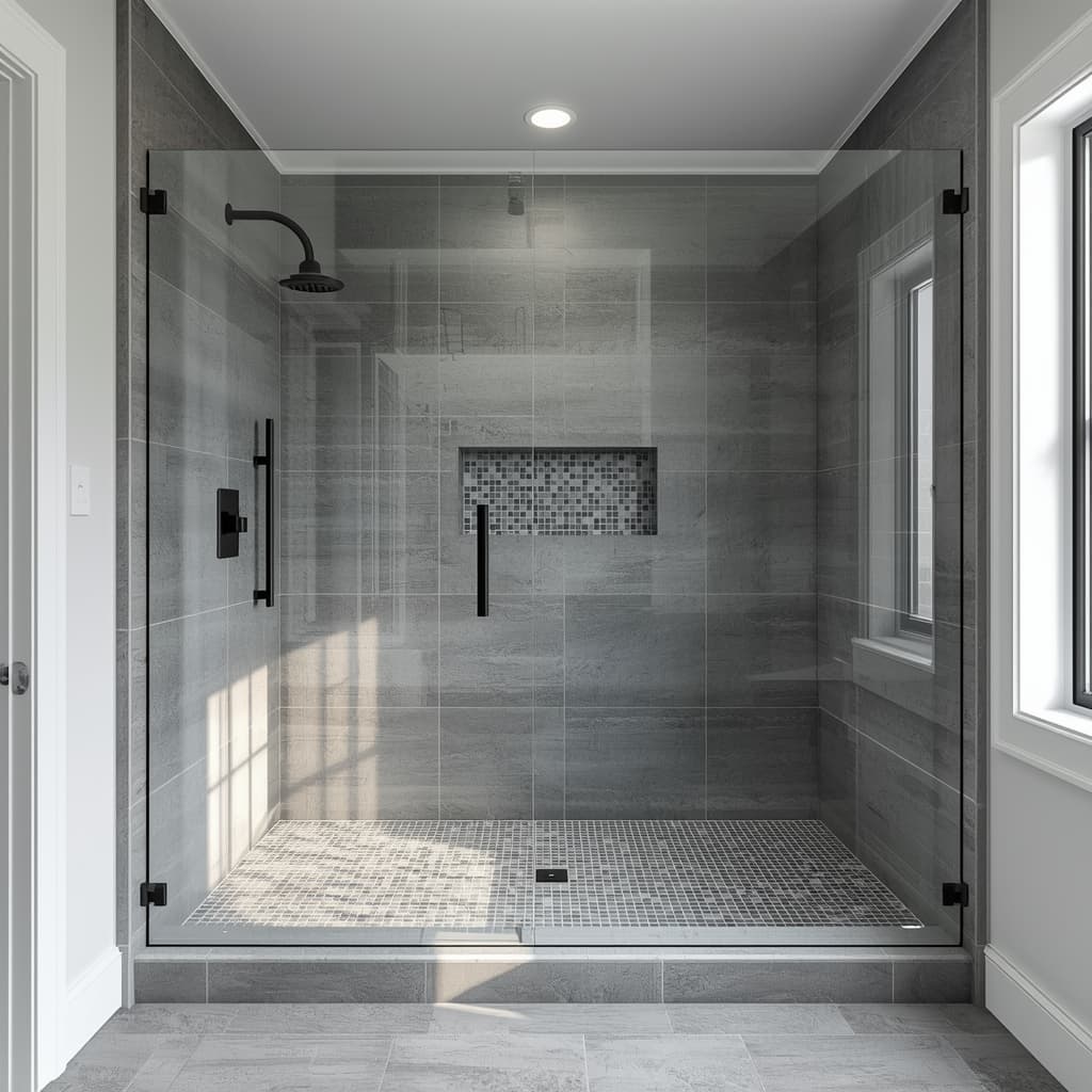 Gray large-format shower tile with mosaic niche detail design visualization.