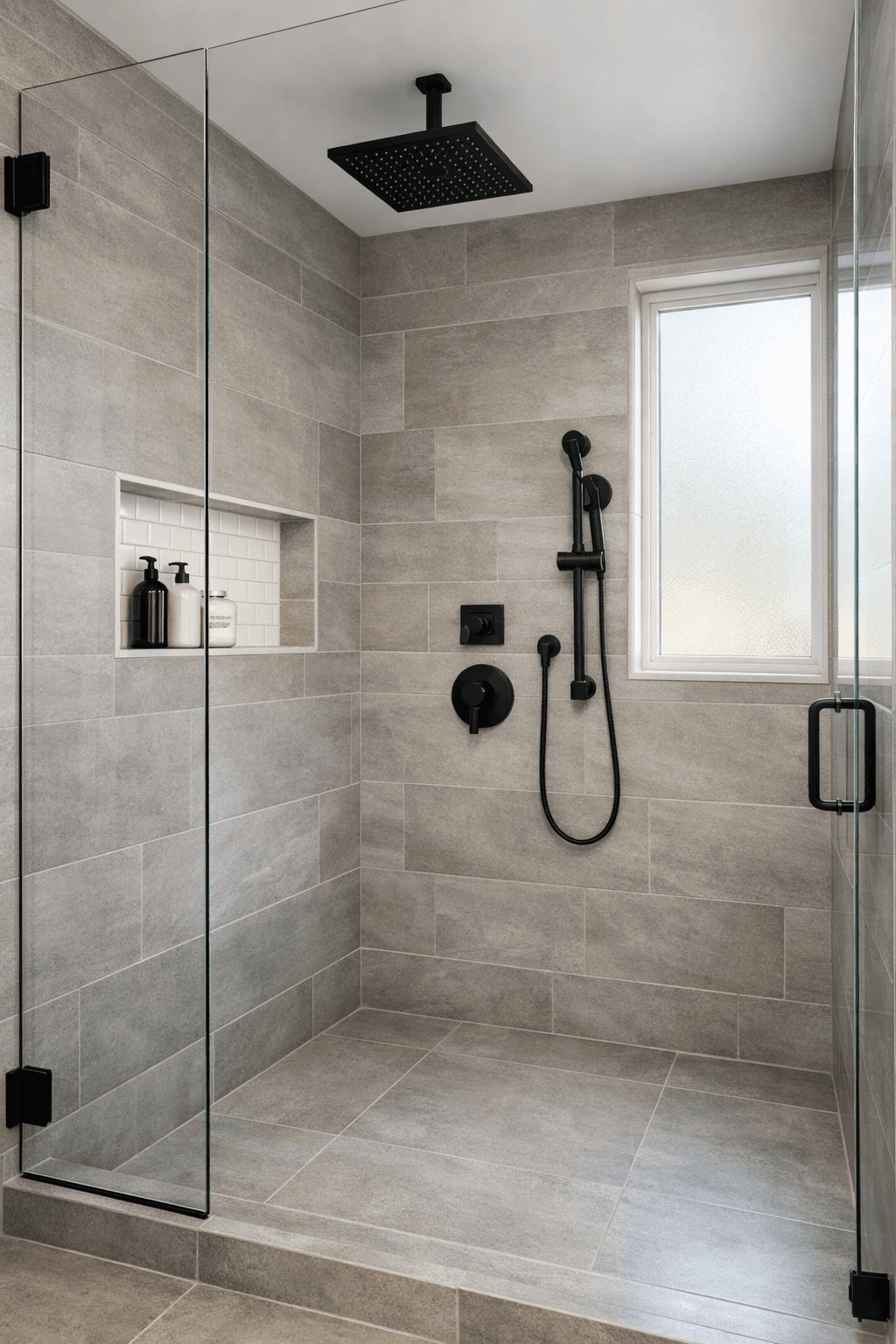 Modern gray porcelain shower with matte black fixtures design visualization.