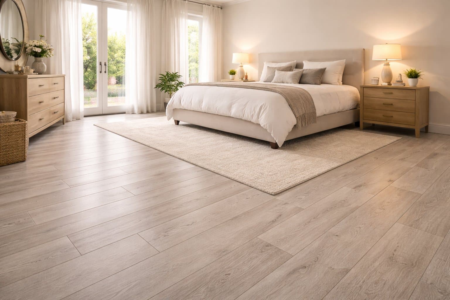Light gray luxury vinyl plank bedroom flooring design visualization.