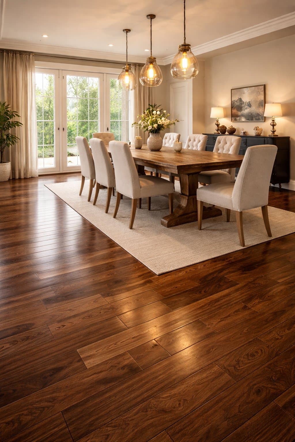Dark walnut hardwood dining room flooring design concept.
