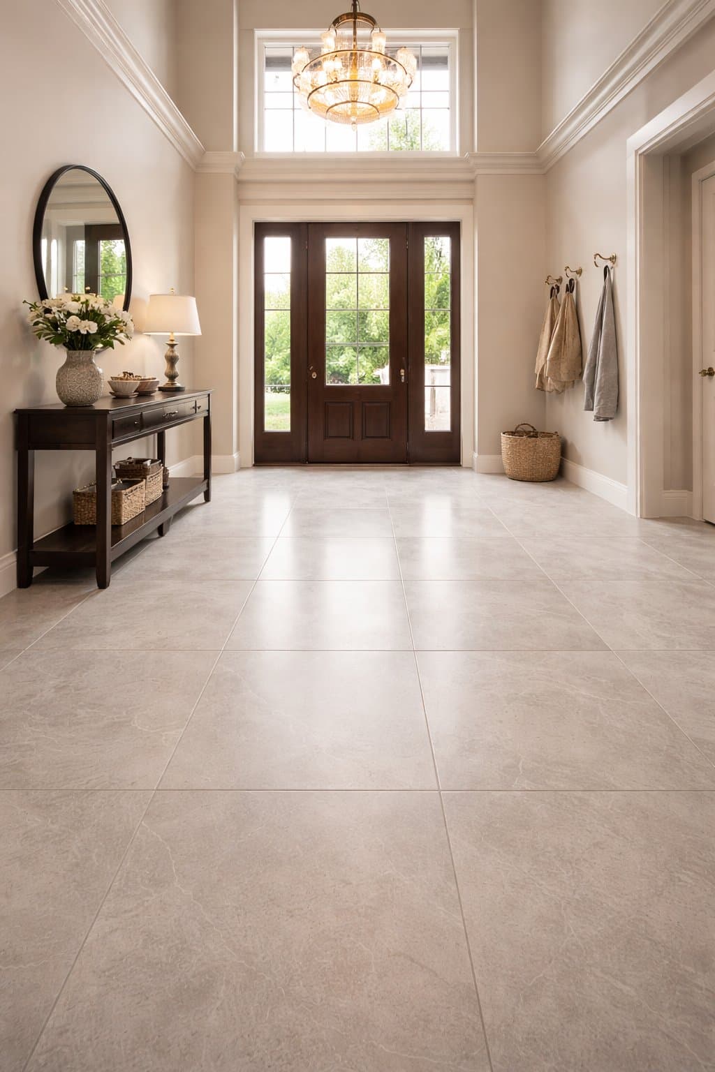 Cream large-format entryway tile design visualization.