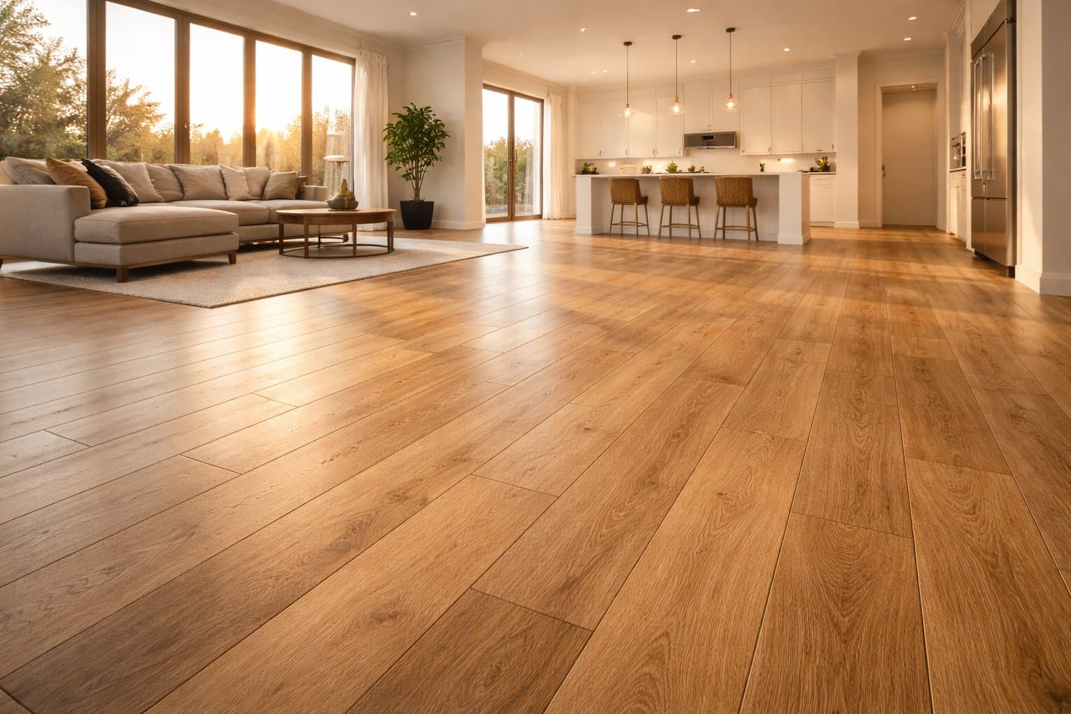 Open-concept kitchen and living space with honey oak luxury vinyl plank flooring design visualization.